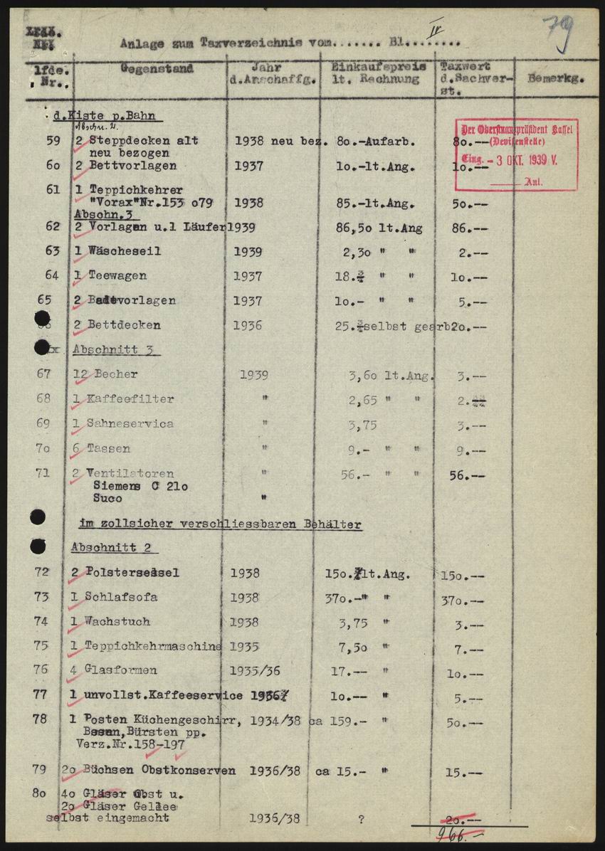 Prüfbericht des Obergerichtsvollziehers Becker aus Marburg an die Devisenstelle beim Oberfinanzpräsidenten Kassel über den Wert des Umzugsgutes von Julius und Else Stern vom 29. September 1939