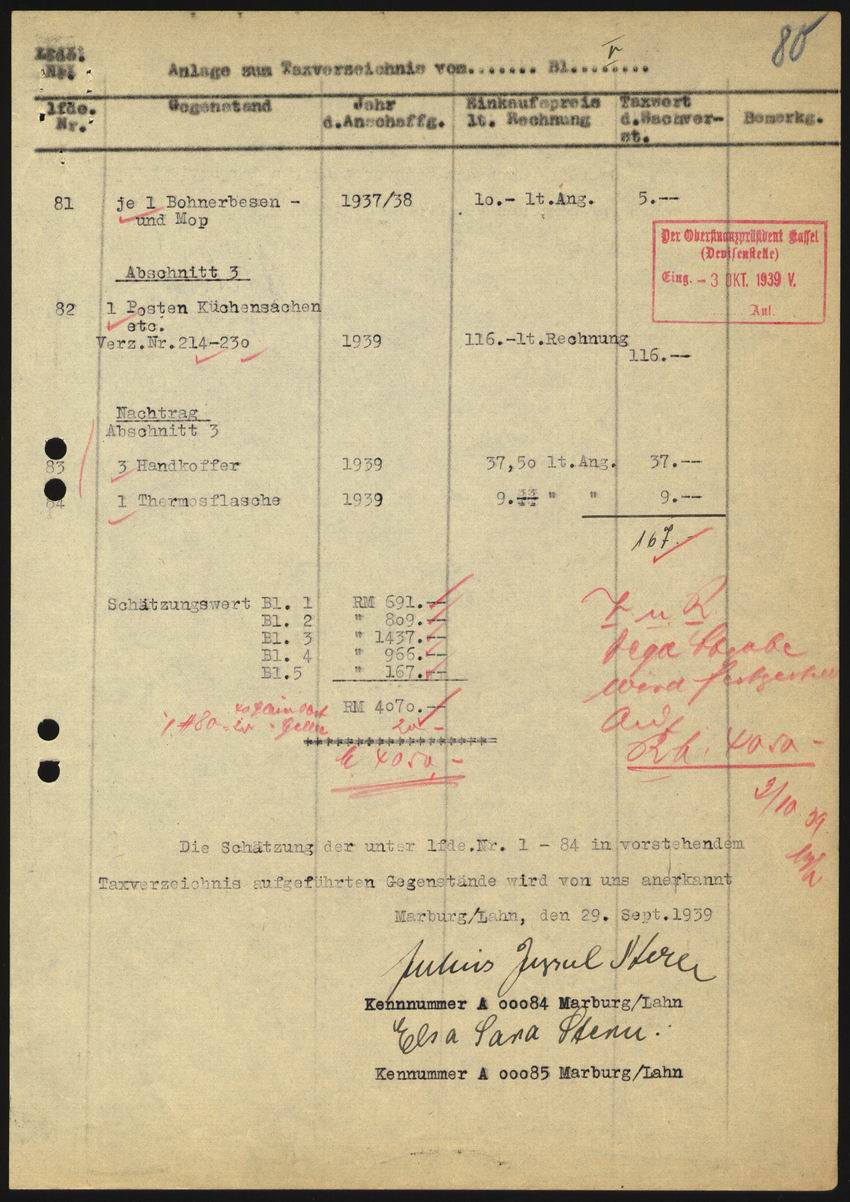 Prüfbericht des Obergerichtsvollziehers Becker aus Marburg an die Devisenstelle beim Oberfinanzpräsidenten Kassel über den Wert des Umzugsgutes von Julius und Else Stern vom 29. September 1939