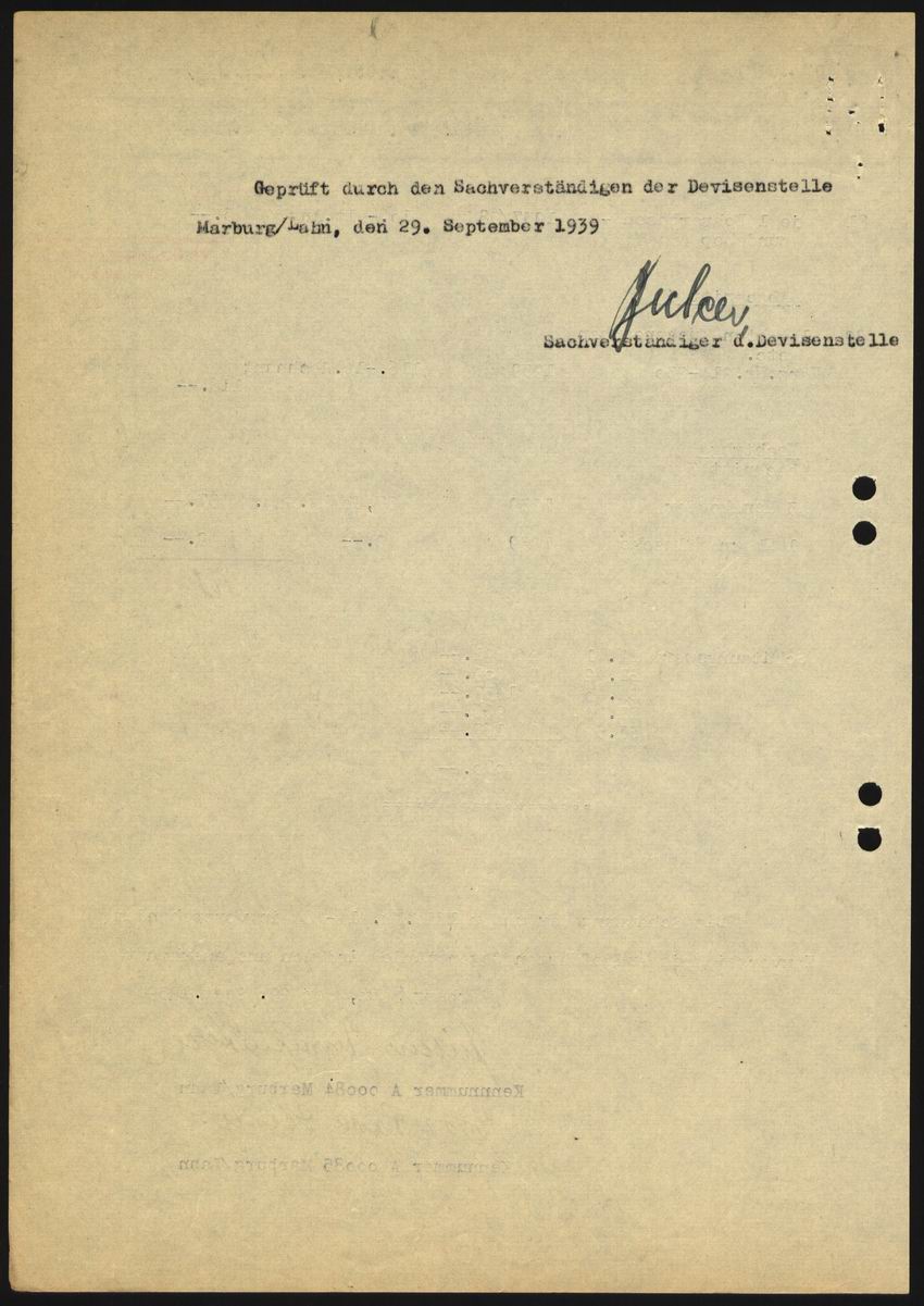 Prüfbericht des Obergerichtsvollziehers Becker aus Marburg an die Devisenstelle beim Oberfinanzpräsidenten Kassel über den Wert des Umzugsgutes von Julius und Else Stern vom 29. September 1939