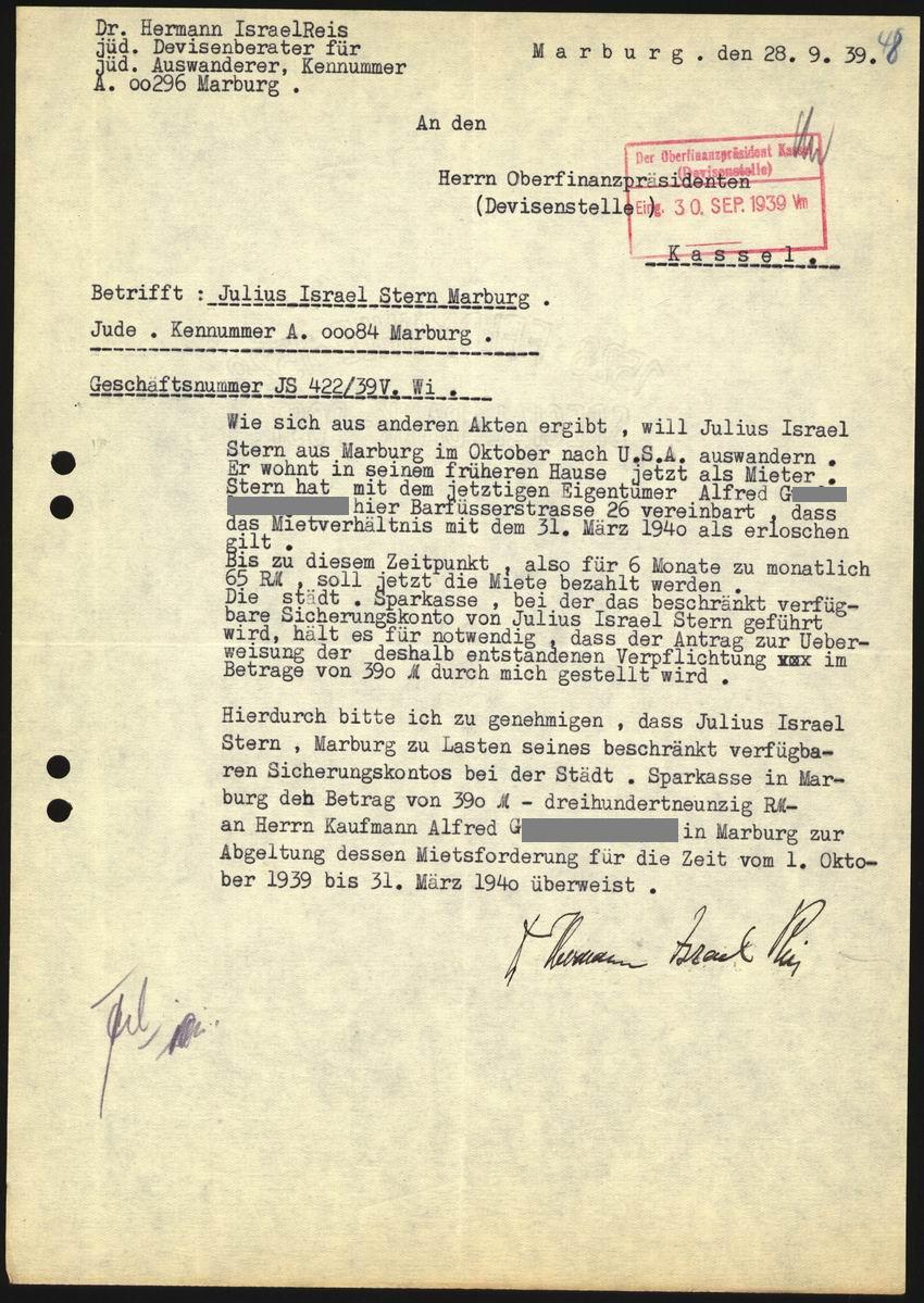 Antrag des Rechtsanwalts Hermann Reis an die Devisenstelle Kassel auf Fortführung der Mietzahlungen aus dem gesperrten Vermögen von Julius Stern an den Käufer seines Hauses bis einschließlich März 1940 vom 28. September 1939