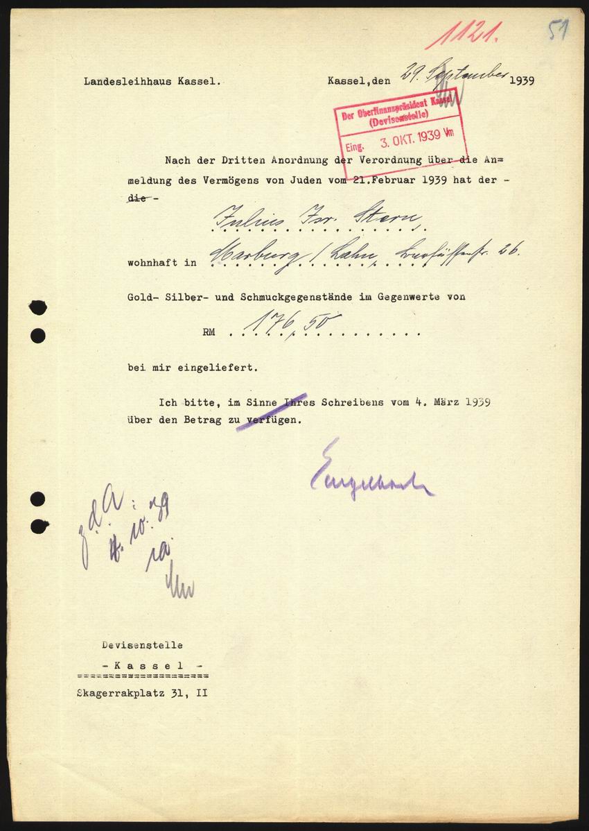 Mitteilung des Pfandleihhauses Kassel an die Devisenstelle Kassel über die Einlieferung von Gold-, Silber- und Schmuckgegenständen durch Julius Stern vom 29. September 1939