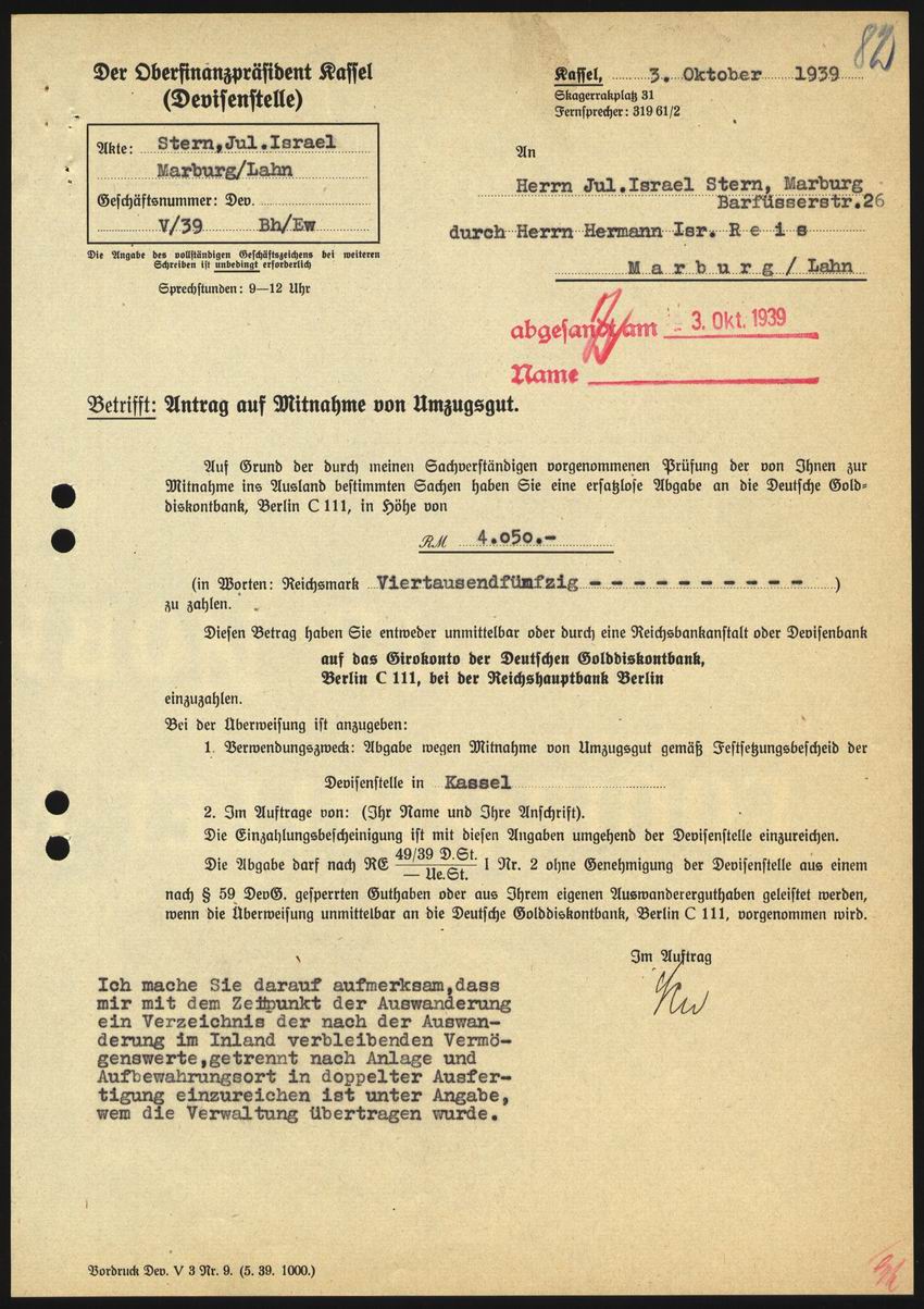 Anordnung der Devisenstelle Kassel an Julius Stern zur Zahlung einer ersatzlosen Abgabe in Höhe des festgestellten Wertes des Umzugsgutes vom 3. Oktober 1939 