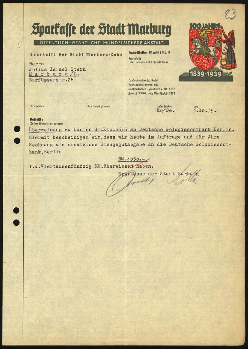 Anordnung der Devisenstelle Kassel an Julius Stern zur Zahlung einer ersatzlosen Abgabe in Höhe des festgestellten Wertes des Umzugsgutes vom 3. Oktober 1939 