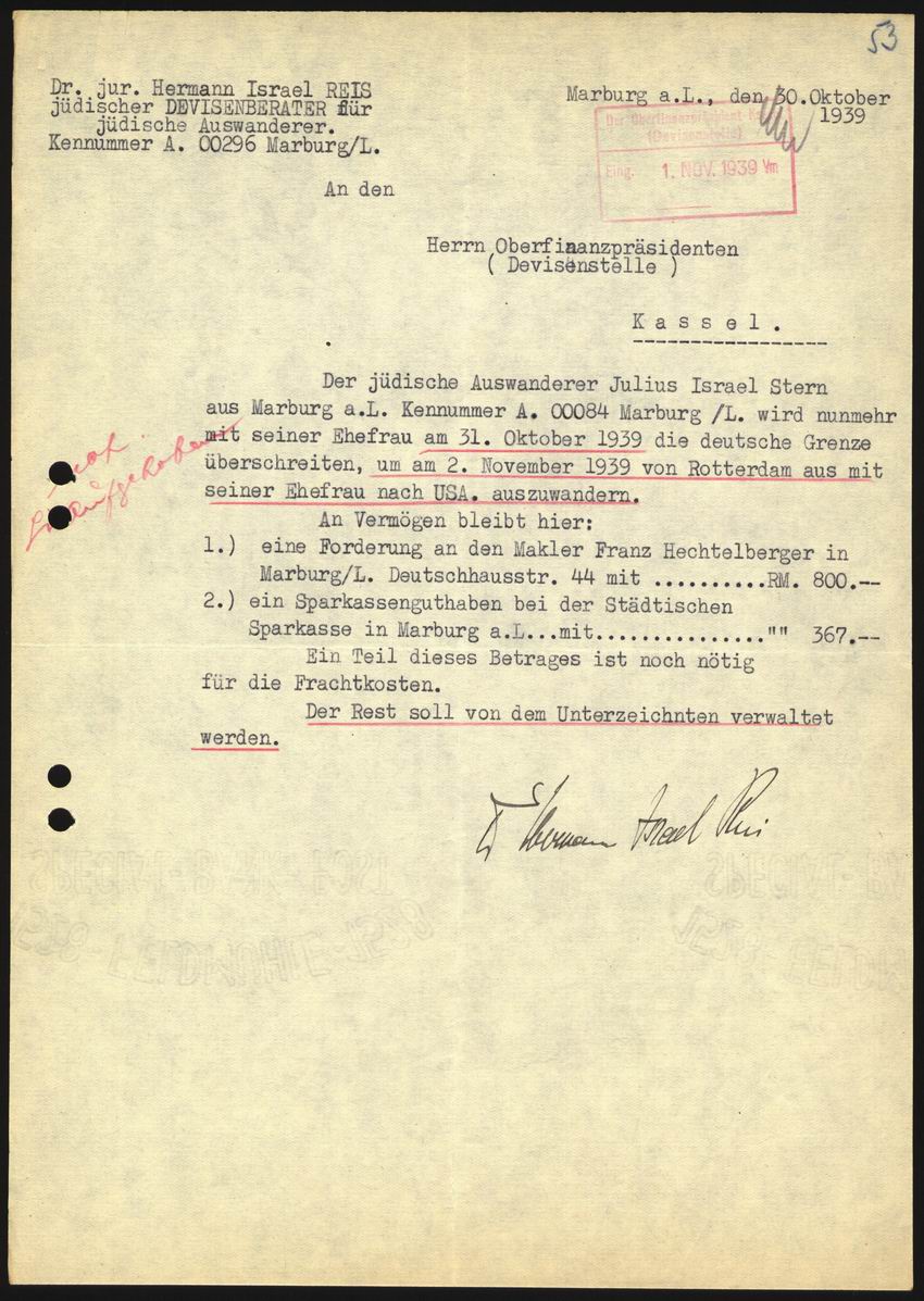 Mitteilung des Rechtsanwalts Hermann Reis an die Devisenstelle Kassel über die zum Zeitpunkt der Ausreise von Julius und Else Stern verbliebenen Vermögenswerte vom 30. Oktober 1939