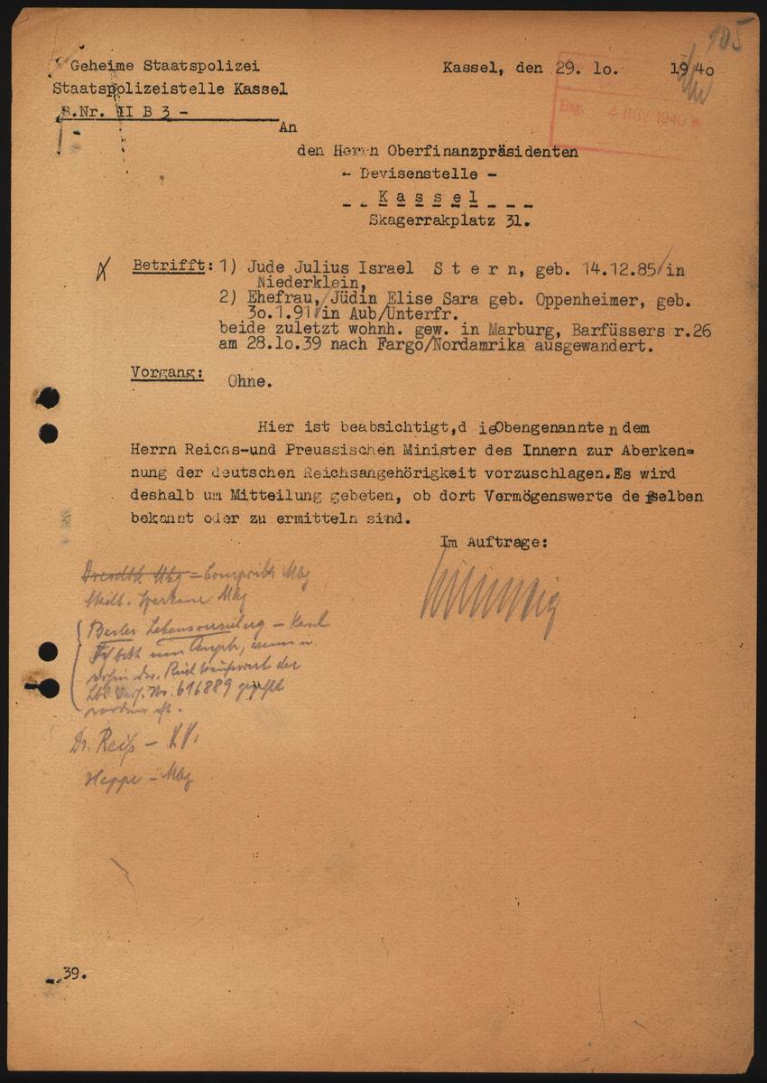 Schreiben der Geheimen Staatspolizeistelle Kassel an die Devisenstelle Kassel wegen der Ausbürgerung von Julius und Else Stern von 1940 und 1943