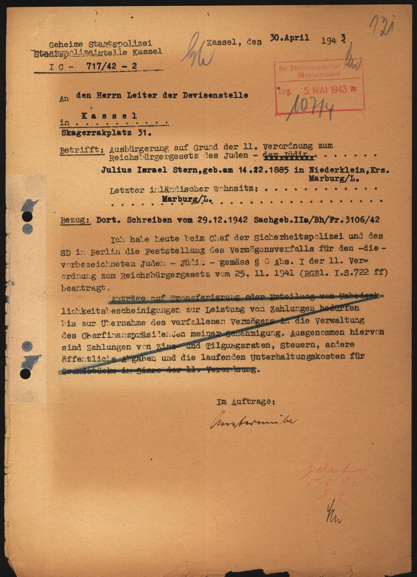 Schreiben der Geheimen Staatspolizeistelle Kassel an die Devisenstelle Kassel wegen der Ausbürgerung von Julius und Else Stern von 1940 und 1943