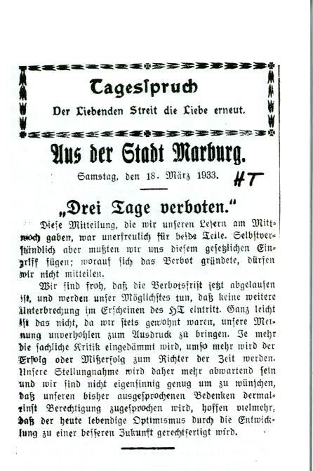 Artikel des HT betr. Erklärung des Hessischen Tageblatts zum dreitätigen Erscheinungsverbot vom 18. März 1933