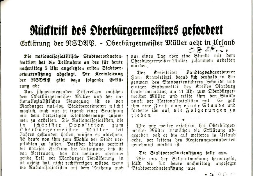 Artikel der OZ betr. Rücktritt des Oberbürgermeisters Müller vom 28. März 1933