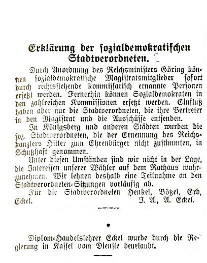 Artikel des HT betr. Erklärung der sozialdemokratischen Stadtverordneten vom 03. April 1933