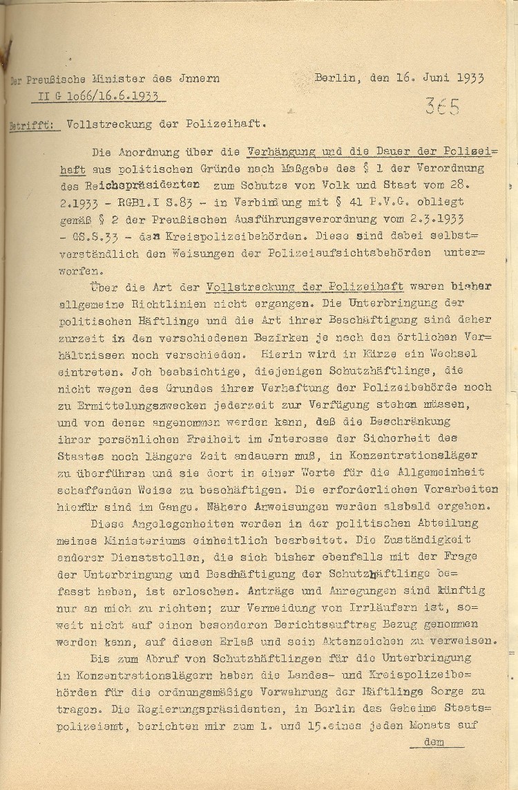 Mitteilung über die Vollstreckung der Schutzhaft