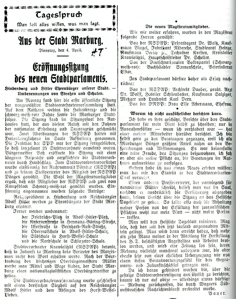 Artikel des HT betr. Eröffnungssitzung des neuen Stadtparlaments vom 04. April 1933