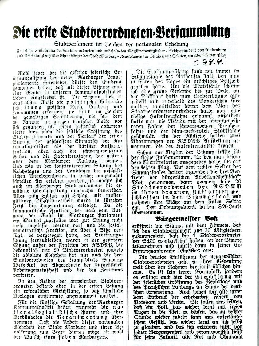 Artikel der OZ betr. erste Stadtverordneten-Versammlung vom 04. April 1933