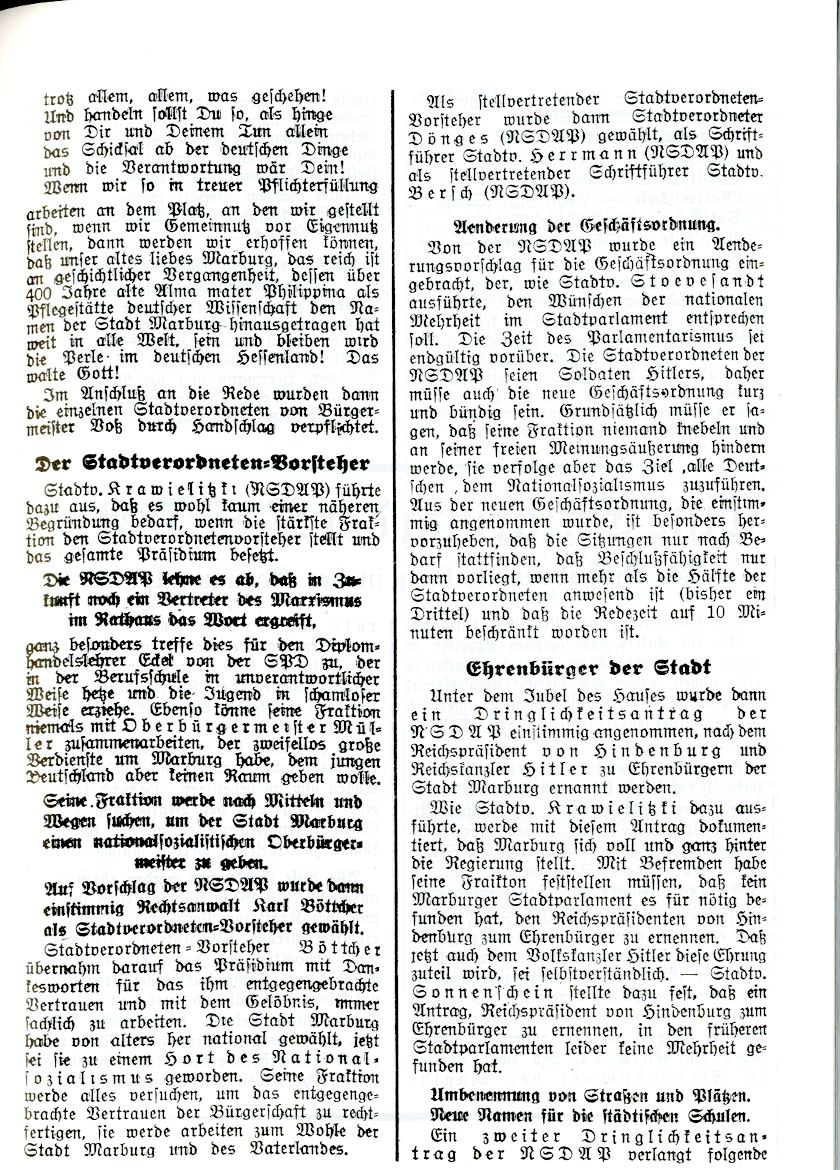Artikel der OZ betr. erste Stadtverordneten-Versammlung vom 04. April 1933