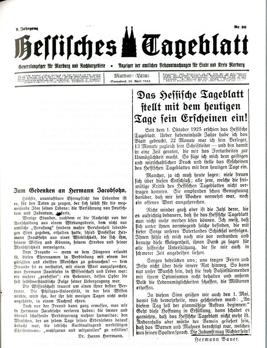 Artikel des HT betr. Erscheinungsende des Hessischen Tageblatts vom 29. April 1933