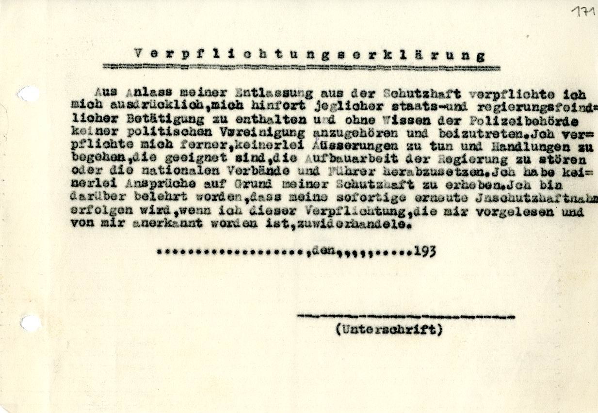 Verpflichtungserklärung entlassener Schutzhäftlinge, 1933