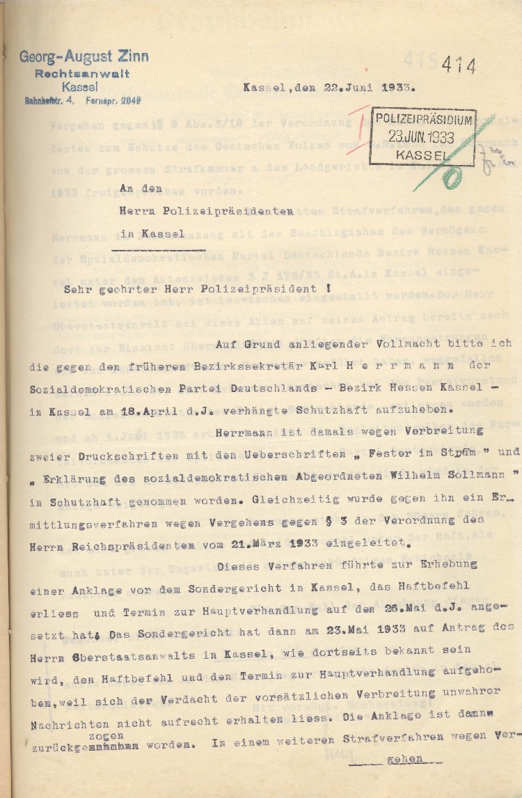 Gesuch um Entlassung des früheren SPD-Bezirkssekretärs Karl Hermann aus der Schutzhaft