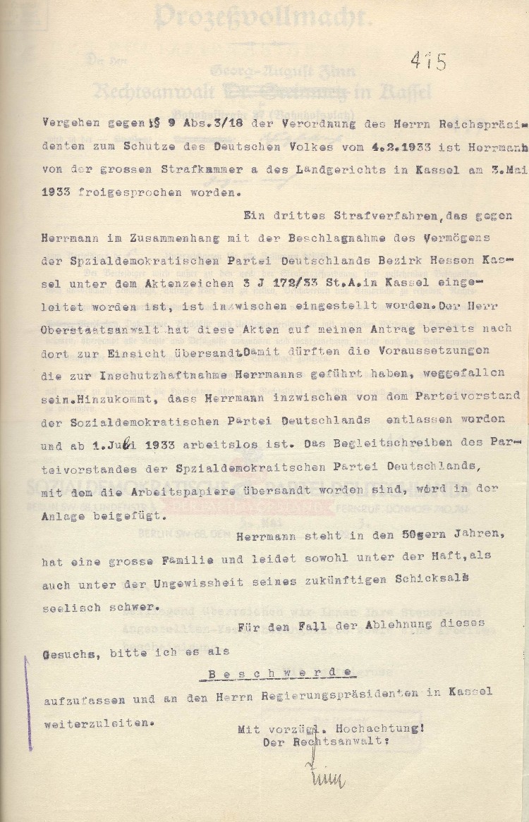 Gesuch um Entlassung des früheren SPD-Bezirkssekretärs Karl Hermann aus der Schutzhaft