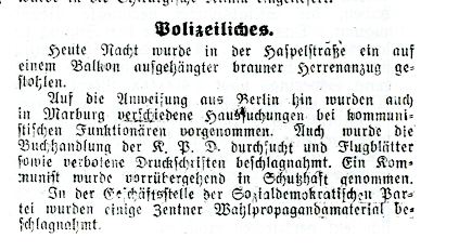 Artikel der OZ betr. Hausdurchsuchungen von KPD- und SPD-Funktionären vom 01. März 1933