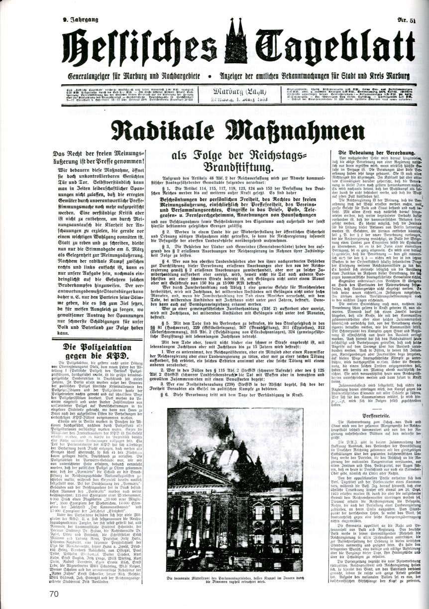 Artikel des HT betr. Maßnahmen in Folge des Reichstagsbrands vom 01. März 1933