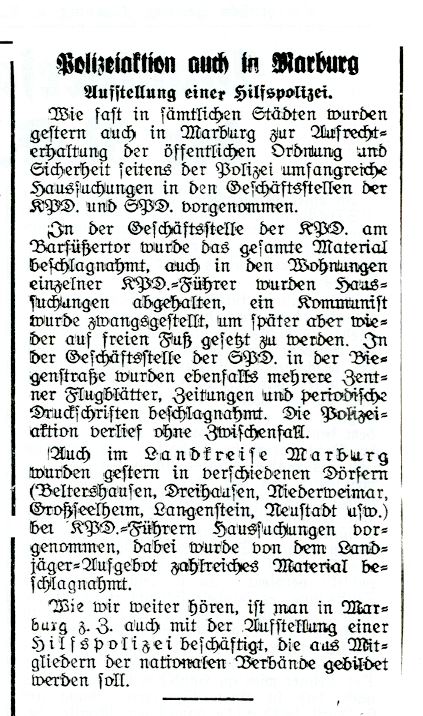 Artikel der OZ betr. Polizeiaktionen gegen KPD und SPD sowie Bildung der Hilfspolizei vom 01. März 1933