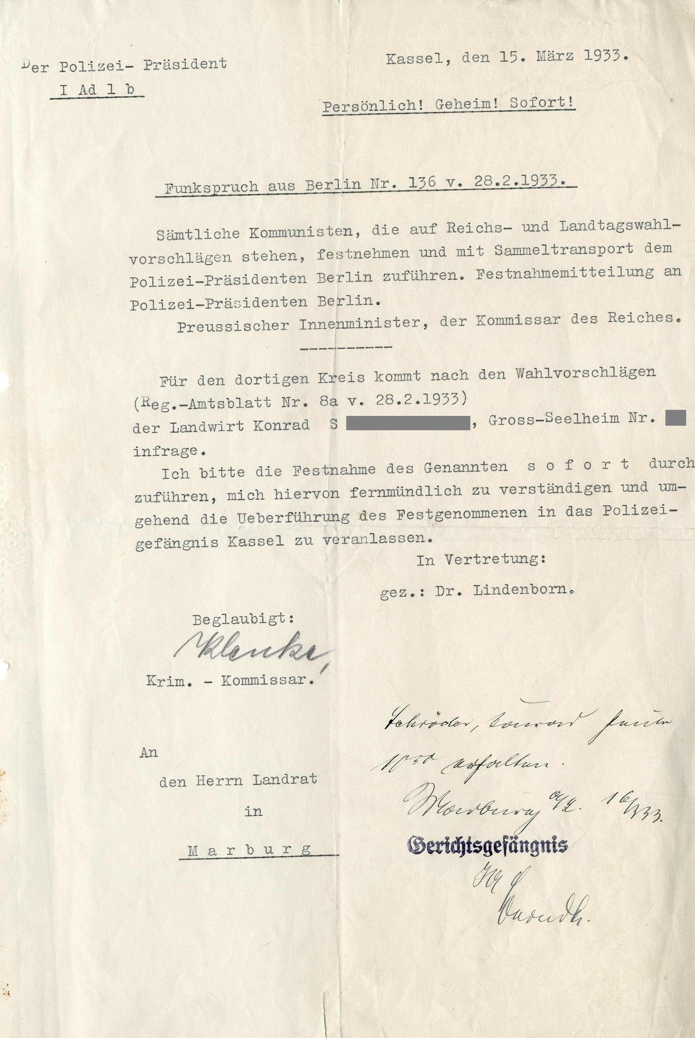 Schreiben des Polizeipräsidenten Kassel betr. Anordnung zur Festnahme von Kommunisten vom 15. März 1933