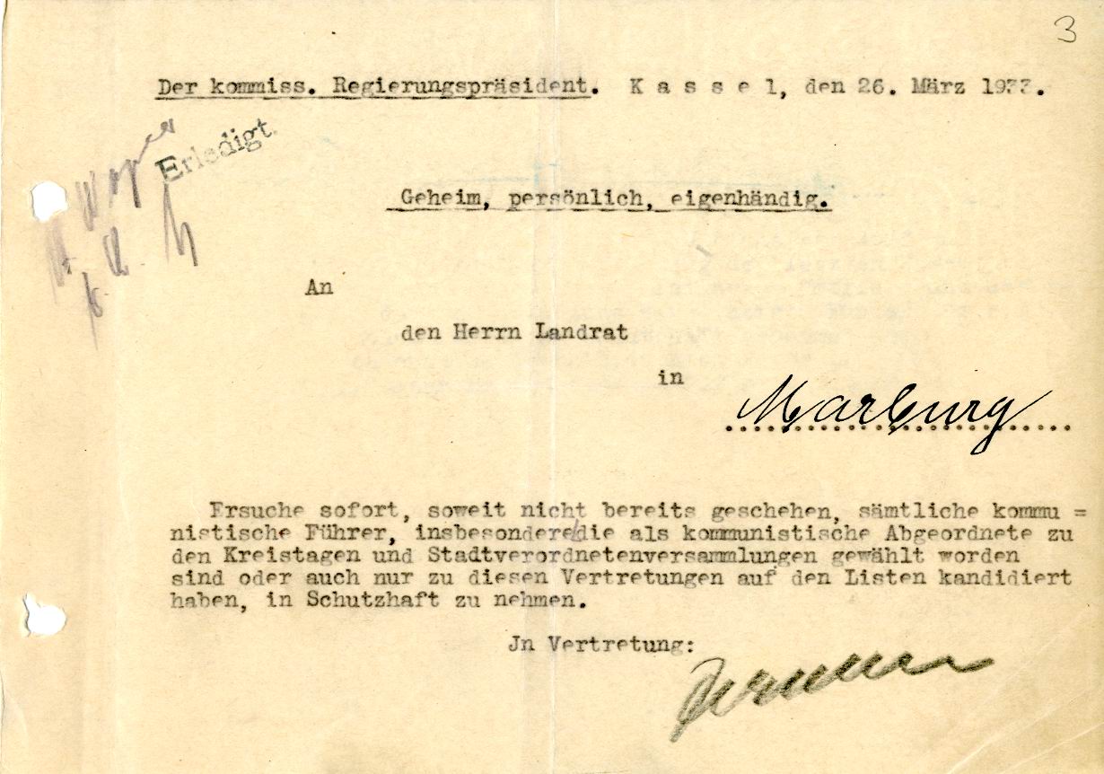 Schreiben des Regierungspräsidenten Kassel betr. Anordnung Schutzhaft für kommunistische Funktionäre vom 26. März 1933