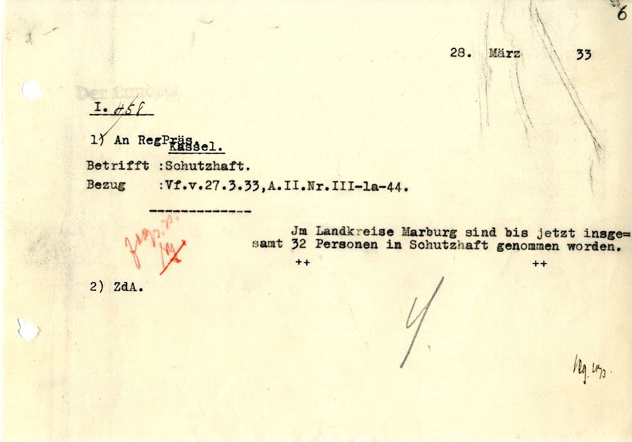 Schreiben des Landrats Marburg betr. Benachrichtigung über Verhaftung kommunistischer Funktionäre vom 28. März 1933