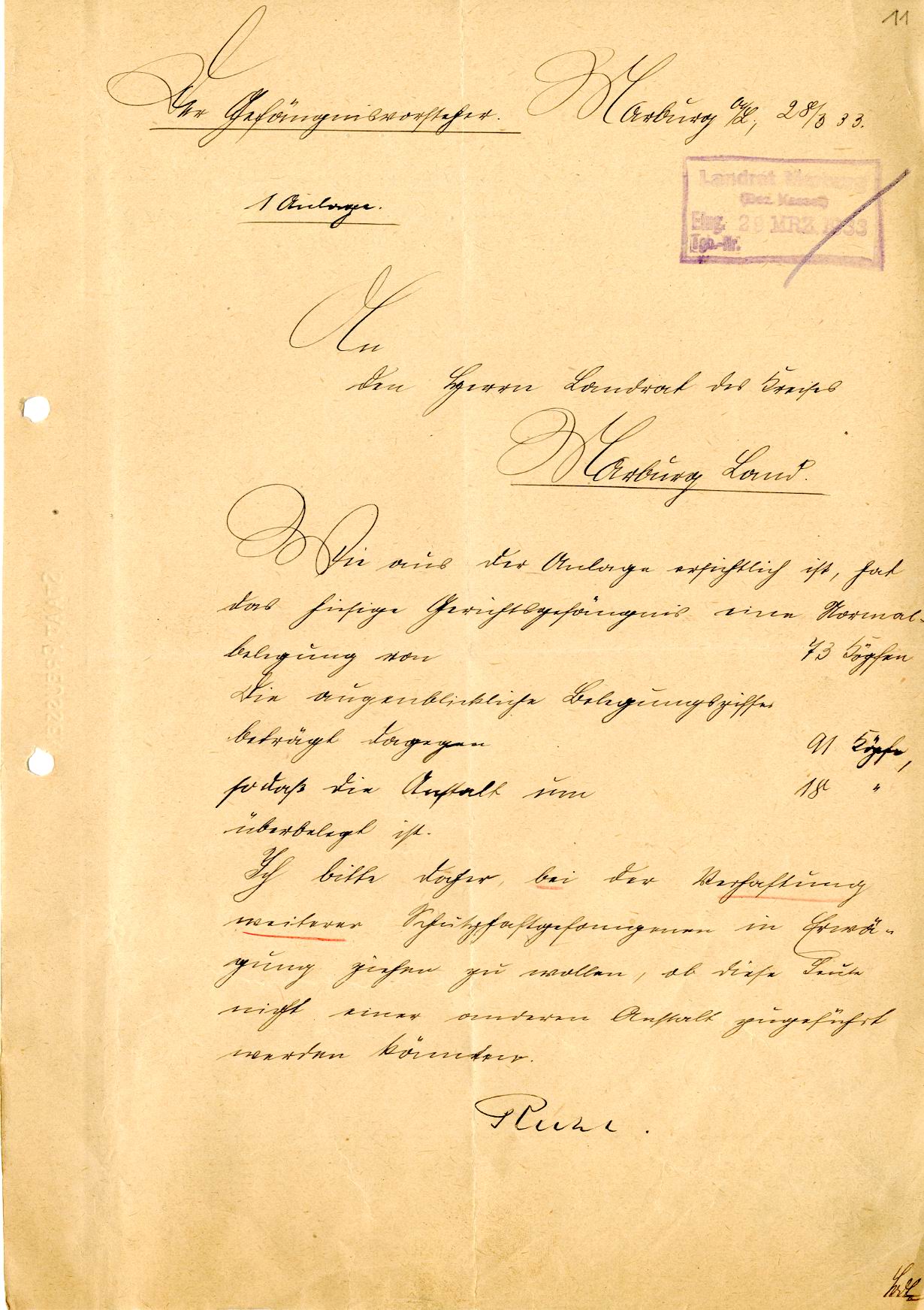 Schreiben des Gefängnisvorstehers Marburg betr. Überbelegung im Marburger Gefängnis durch Schutzhäftlinge vom 28. März 1933