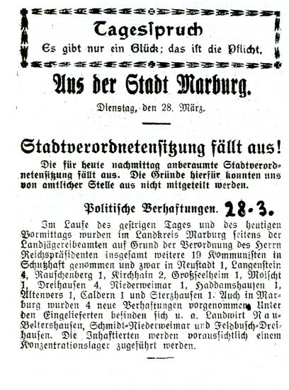 Artikel des HT betr. politische Verhaftungen vom 28. März 1933