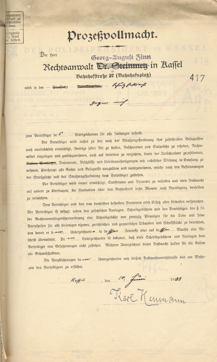 Prozeßvollmacht für Rechtsanwalt Georg-August Zinn, Kassel