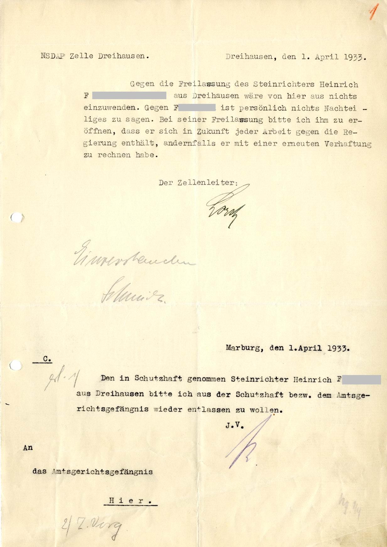 Schreiben der NSDAP-Zelle Dreihausen betr. Freilassung eines Schutzhaftgefangenen aus Dreihausen vom 01. April 1933