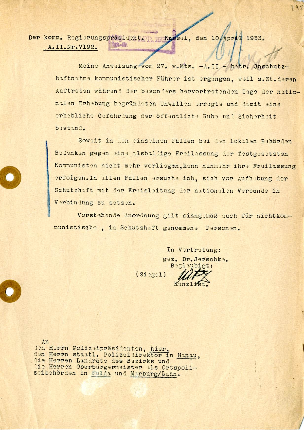 Schreiben des Regierungspräsidenten Kassel betr. Anordnung zur Freilassung Schutzhaftgefangener vom 10. April 1933