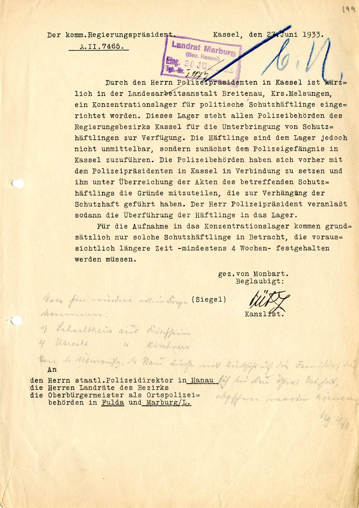 Einrichtung eines Konzentrationslagers in Breitenau, 27. Juni 1933