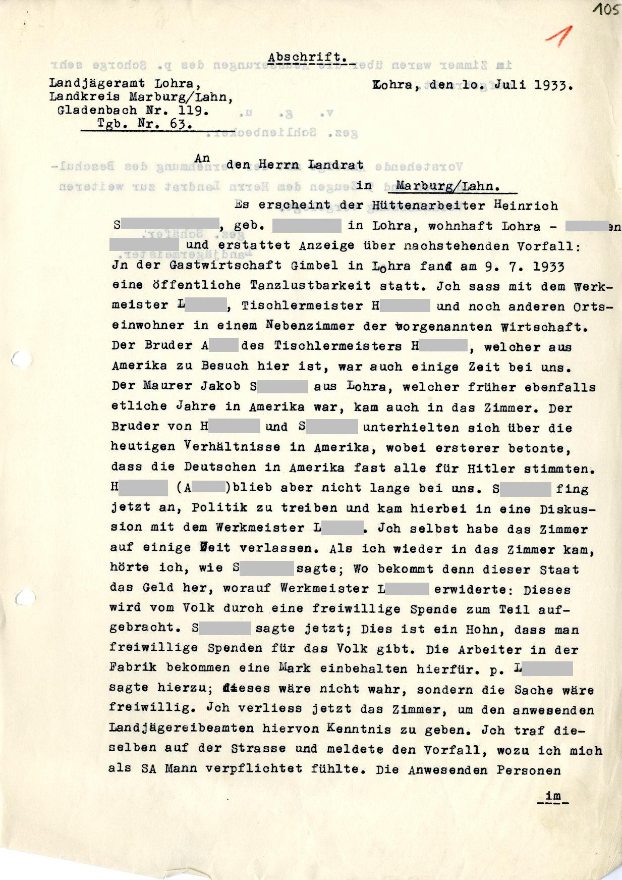Anzeige wegen angeblicher staatsfeindlicher Äußerungen, 10. Juli 1933