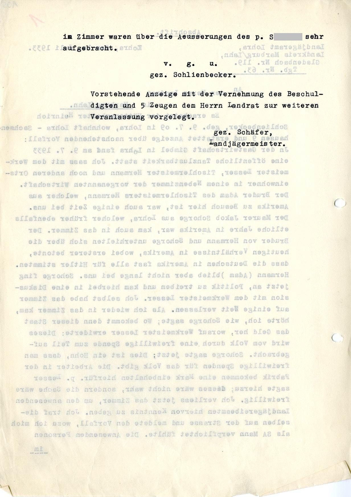 Anzeige wegen angeblicher staatsfeindlicher Äußerungen, 10. Juli 1933