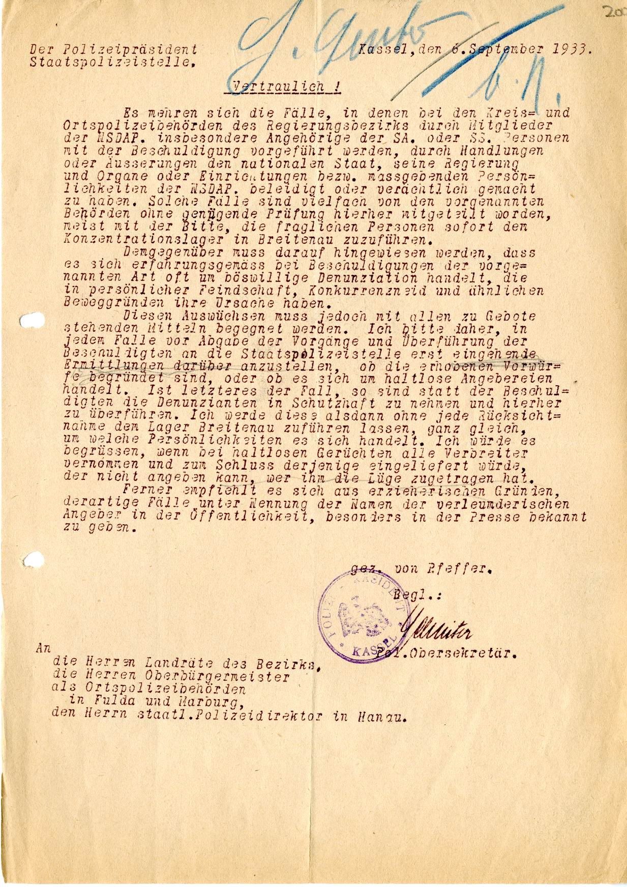 Unbegründete Denunziation durch NSDAP-Angehörige, 06. September 1933