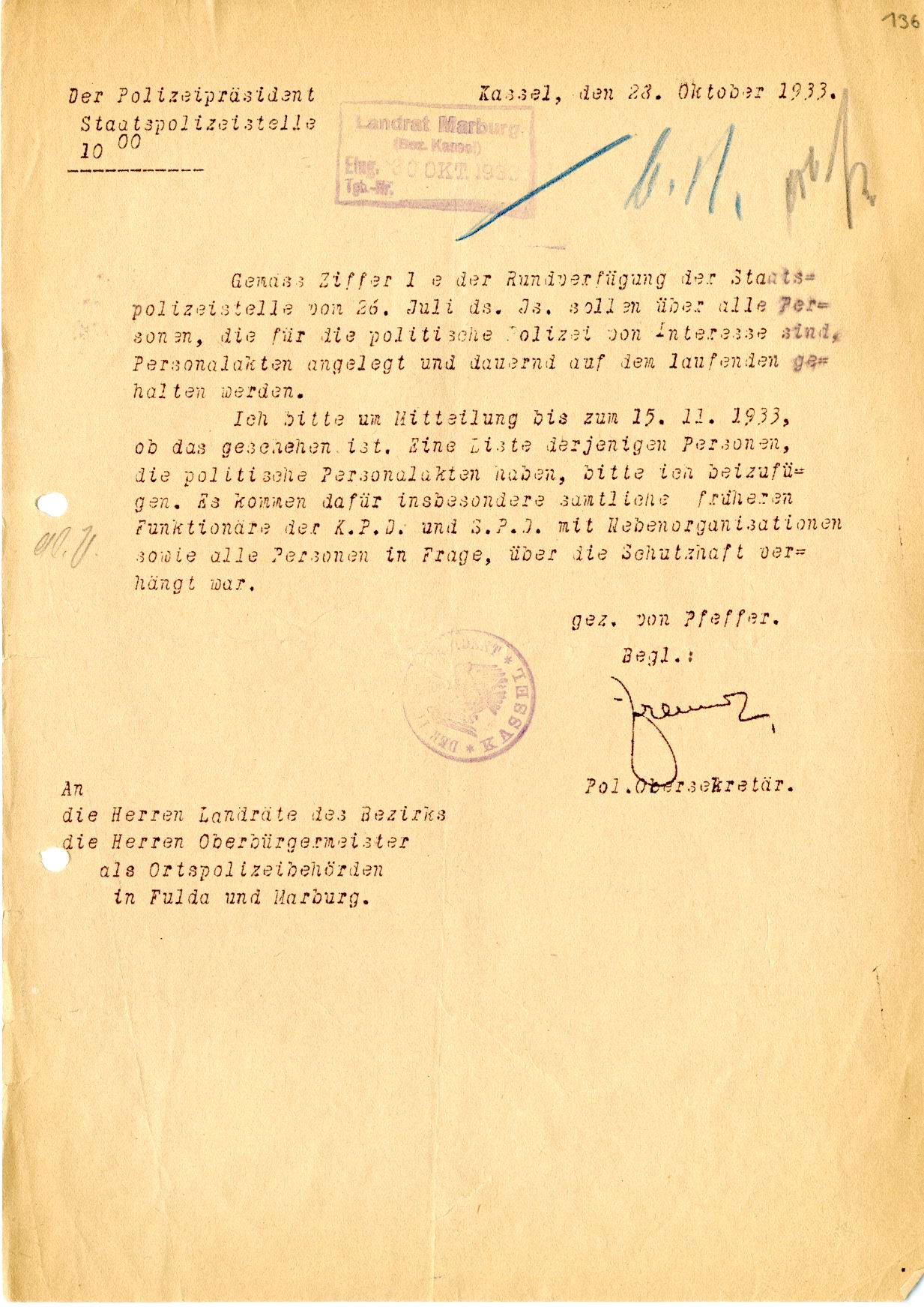 Politische Personalakten für verdächtige Personen, 28. Oktober 1933.