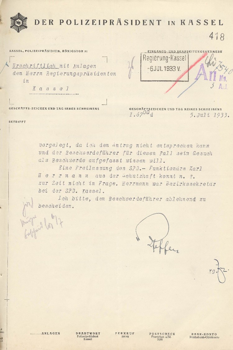 Ablehnung der Beschwerde gegen die Schutzhaft von Karl Herrmann
