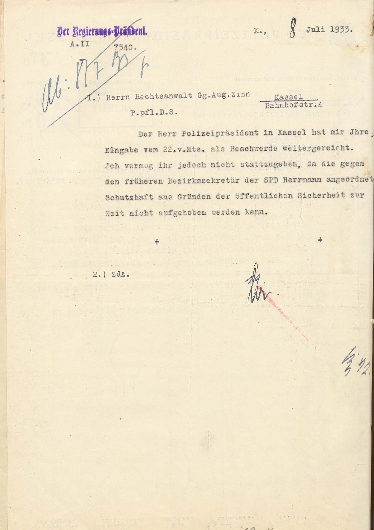 Ablehnung der Beschwerde gegen die Schutzhaft von Karl Herrmann
