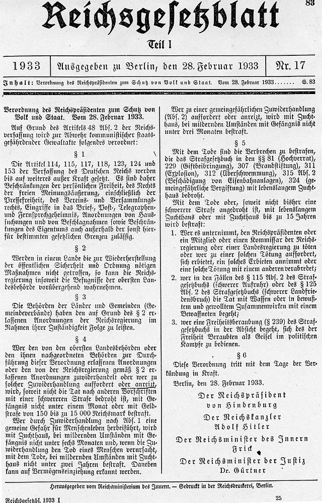 Reichsgesetzblatt betr. Verordnung des Reichspräsindenten zum Schutz von Volk und Staat vom 28. Februar 1933