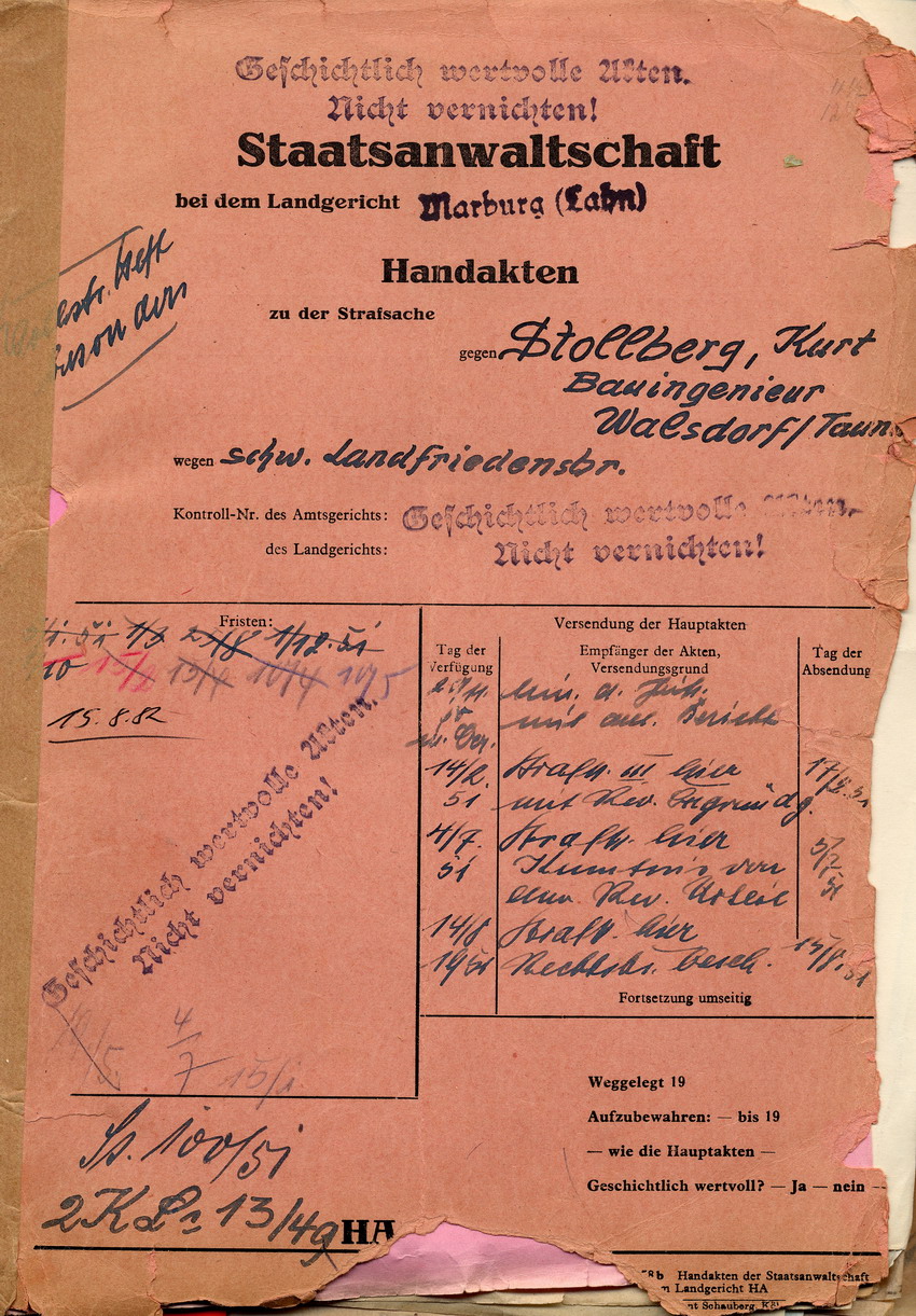 274 Marburg 26 Bd. 1 Synagogenbrandstiftung 1938, Verfahren Stollberg 1950 274 Marburg 26 Bd. 1 Synagogenbrandstiftung 1938, Verfahren Stollberg 1950